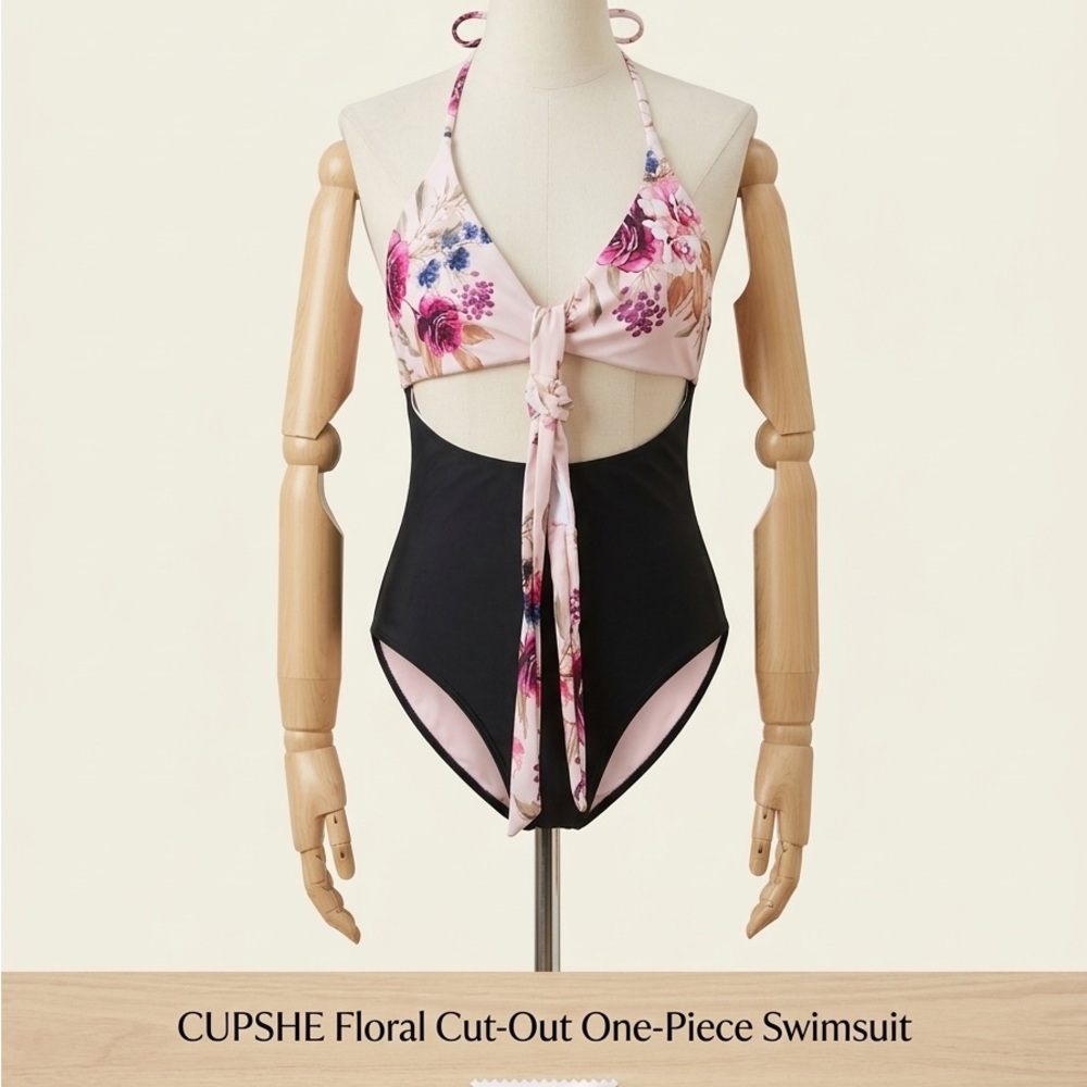 Cupshe Pink Floral & Black Cut-Out One-Piece Swimsuit